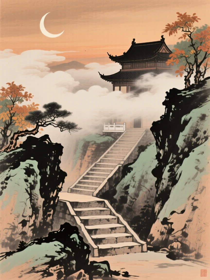 A stone staircase climbing toward a temple hidden in the clouds, beneath a crescent moon, at the turn of autumn.