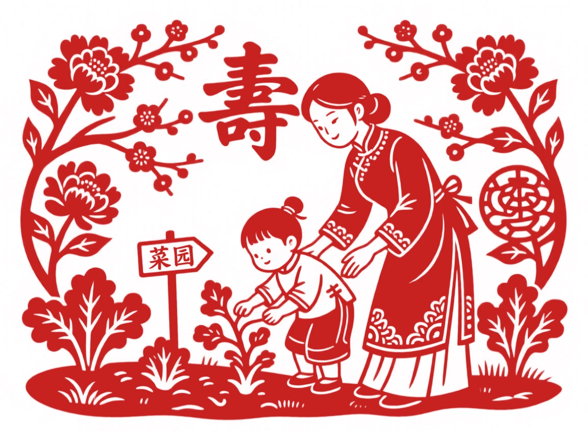 A young mother, tending a small vegetable garden together, in radiating warmth and everyday tenderness.