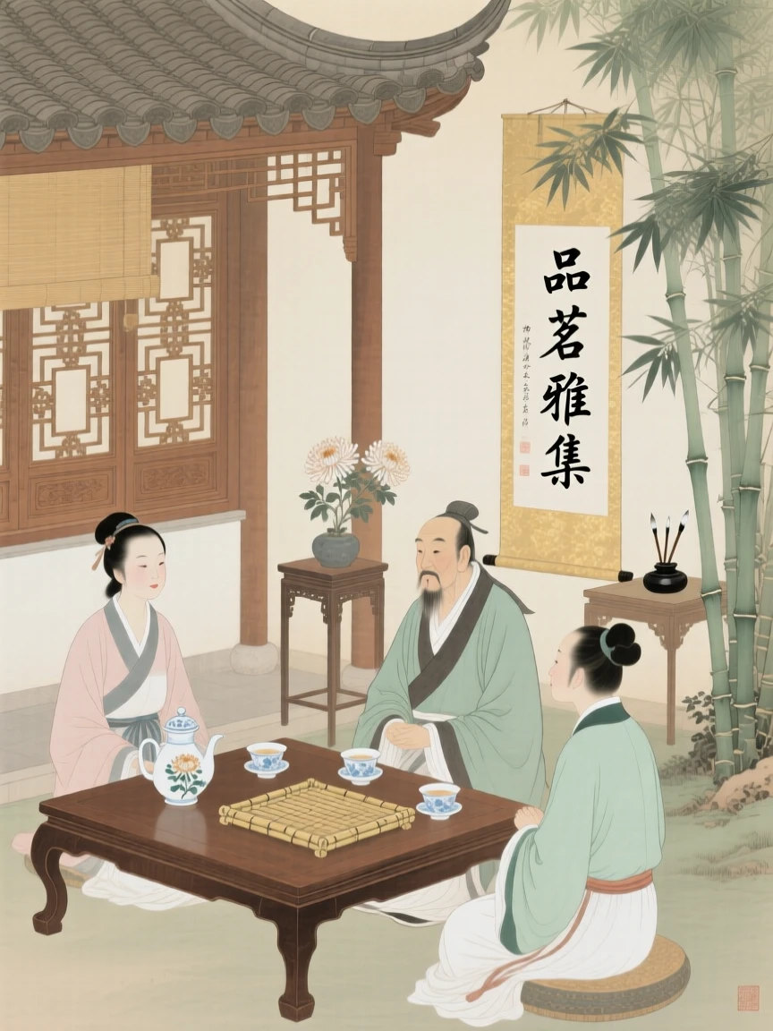 A tea ceremony performed for honored guests in a garden pavilion