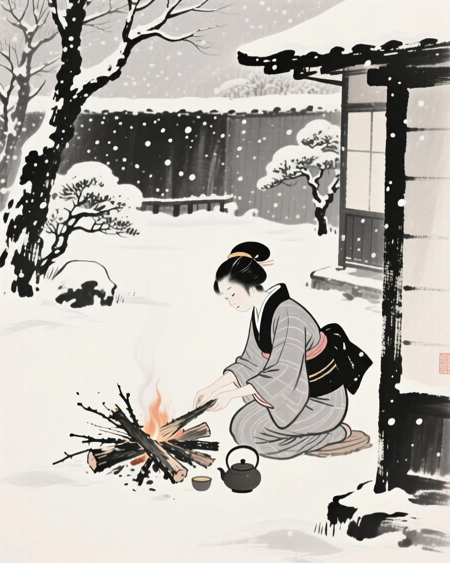 A woman gathering firewood preparing tea in a quiet courtyard in a quiet garden beneath falling snow, composed with soft light falling across the scene, carrying a tender sense of familial warmth.