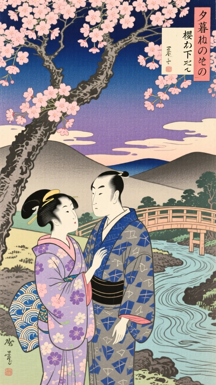 A couple exchanging a quiet glance beneath a blooming cherry tree, in the fading light of evening.