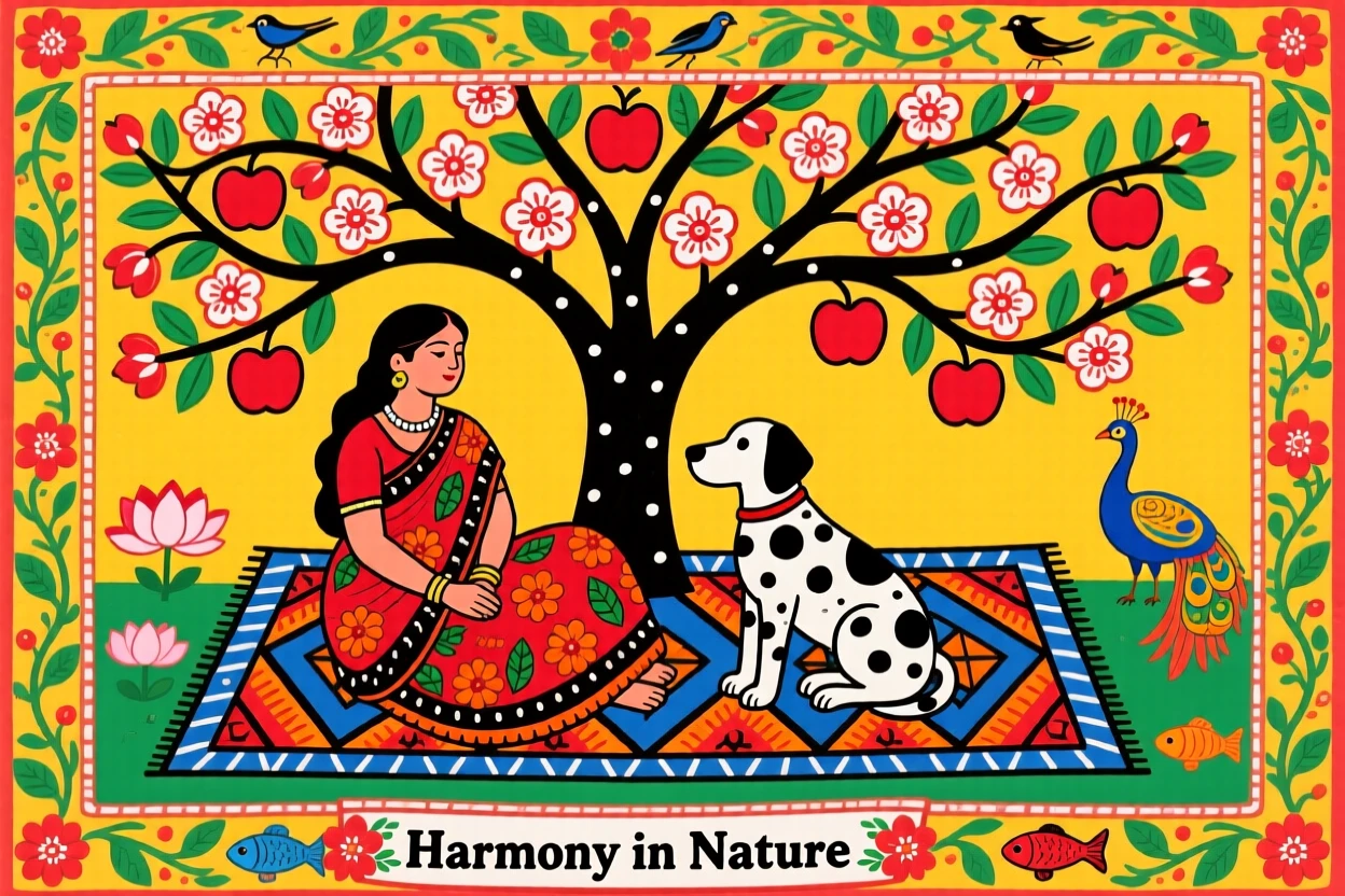 A shepherdess resting with her dog beneath a blossoming apple tree.