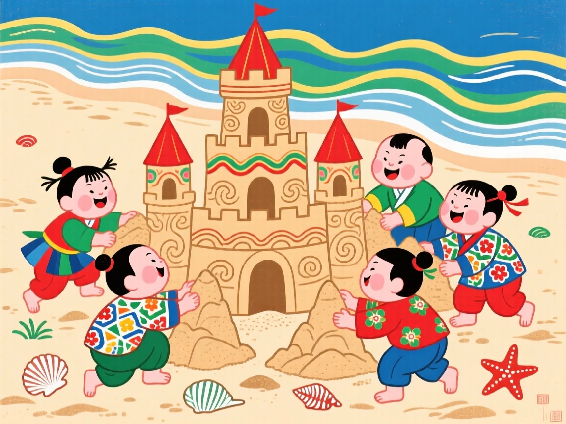 A group of children building a sandcastle on a quiet beach.
