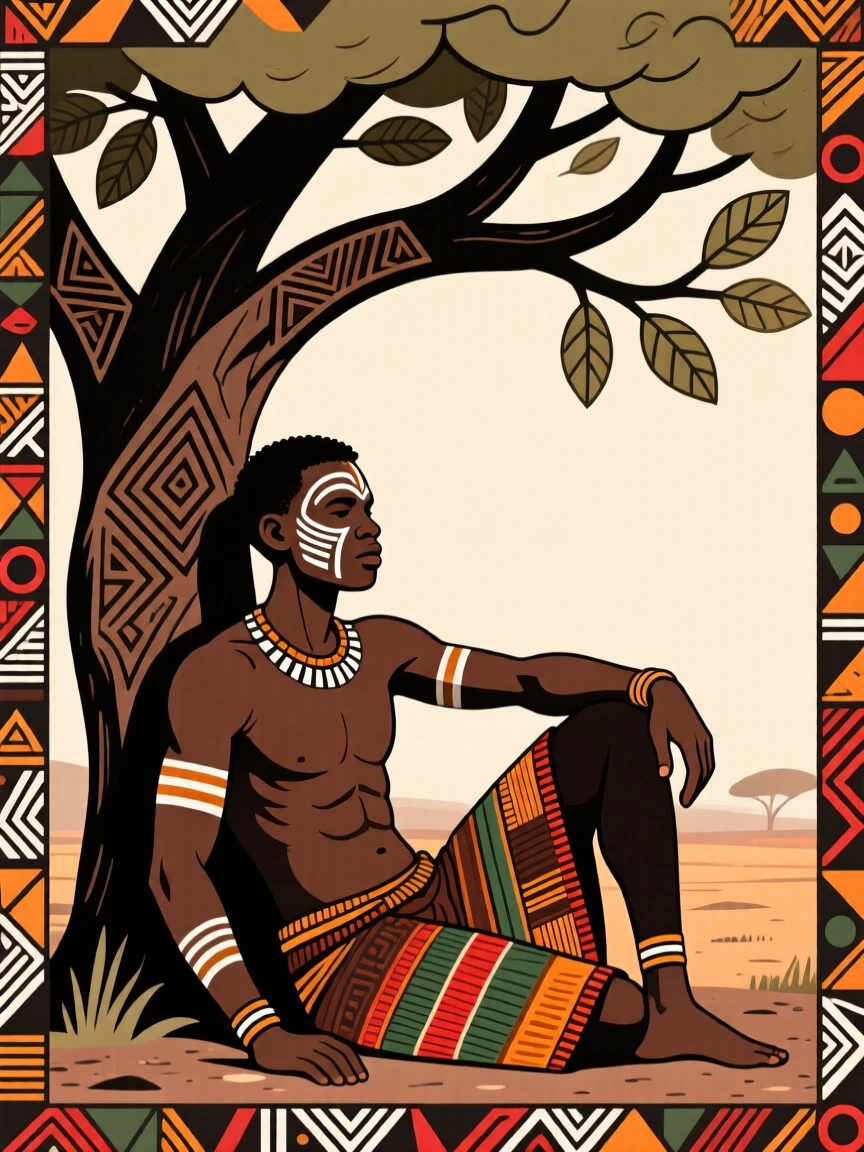 A strong young farmer resting beneath the shade of a wide tree.