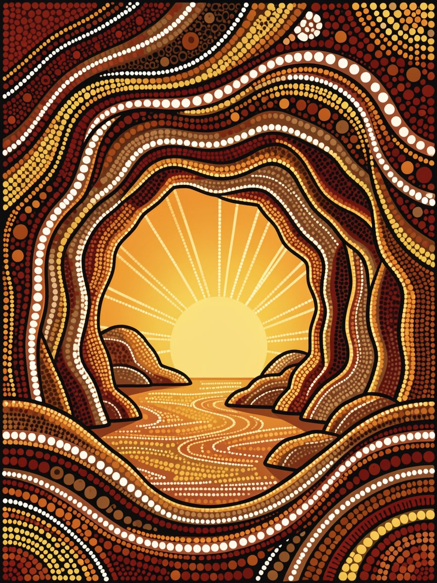 A sunlit cave glowing at sunrise