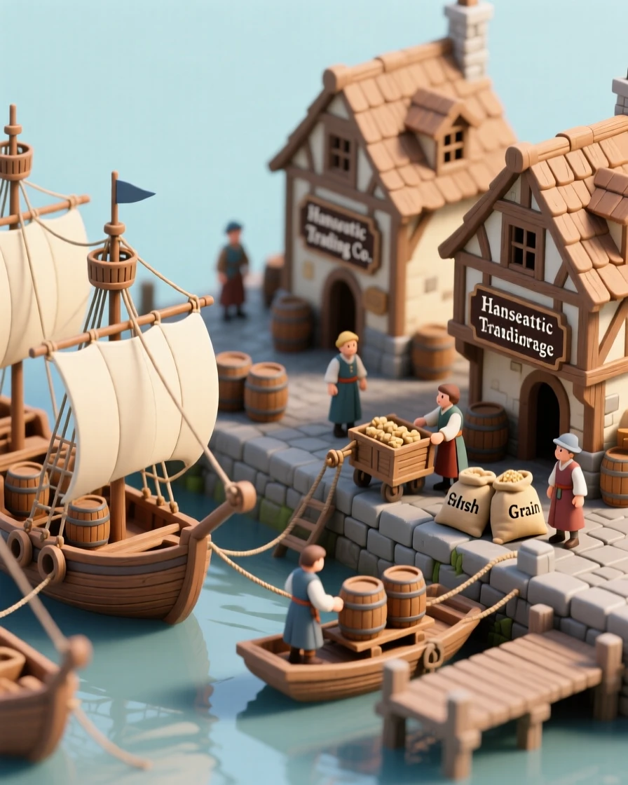 A medieval Hanseatic League trading harbor with merchant ships unloading barrels of salted fish and grain.