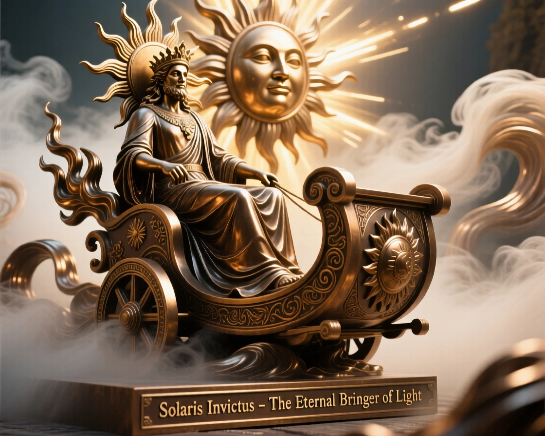 A legendary sun deity rising in a chariot of light, surrounded by swirling mist and light, radiating awe and grandeur