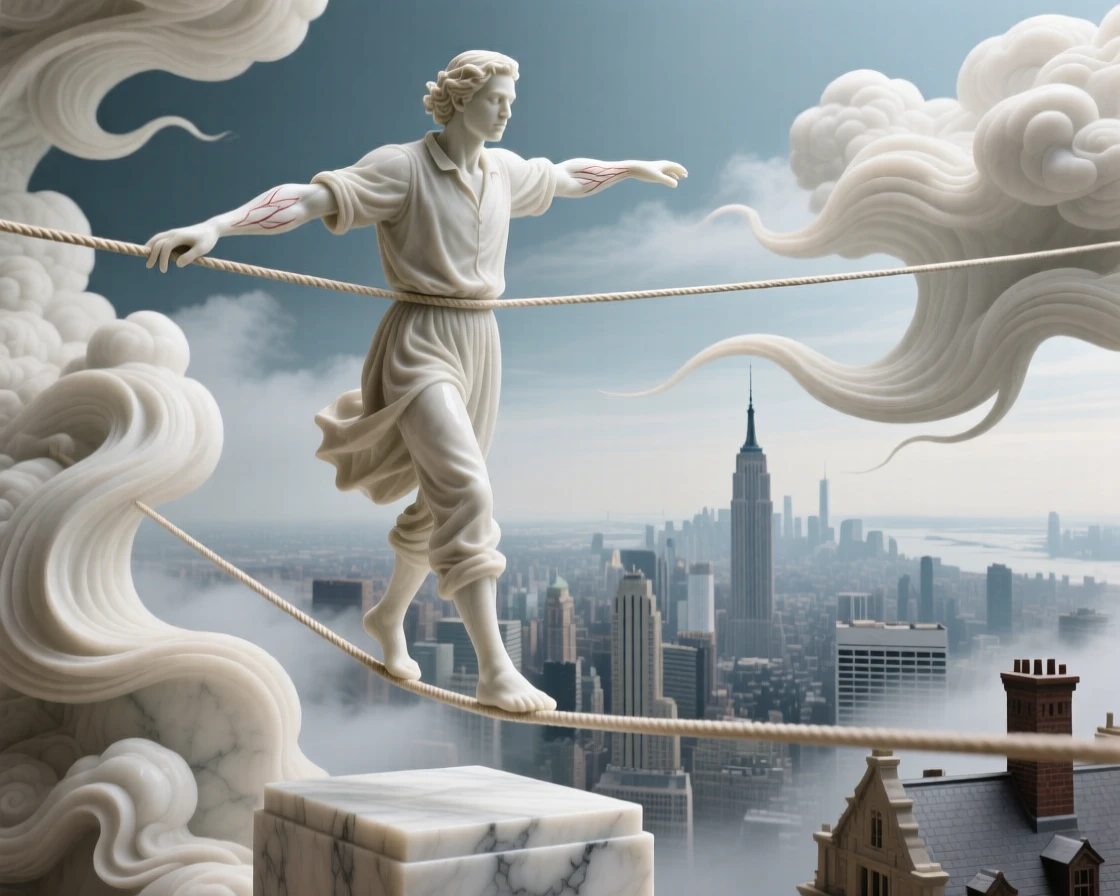 An evocative depiction of a tightrope walker balanced high above a city, amid swirling clouds and mist, balancing detail with emotional depth