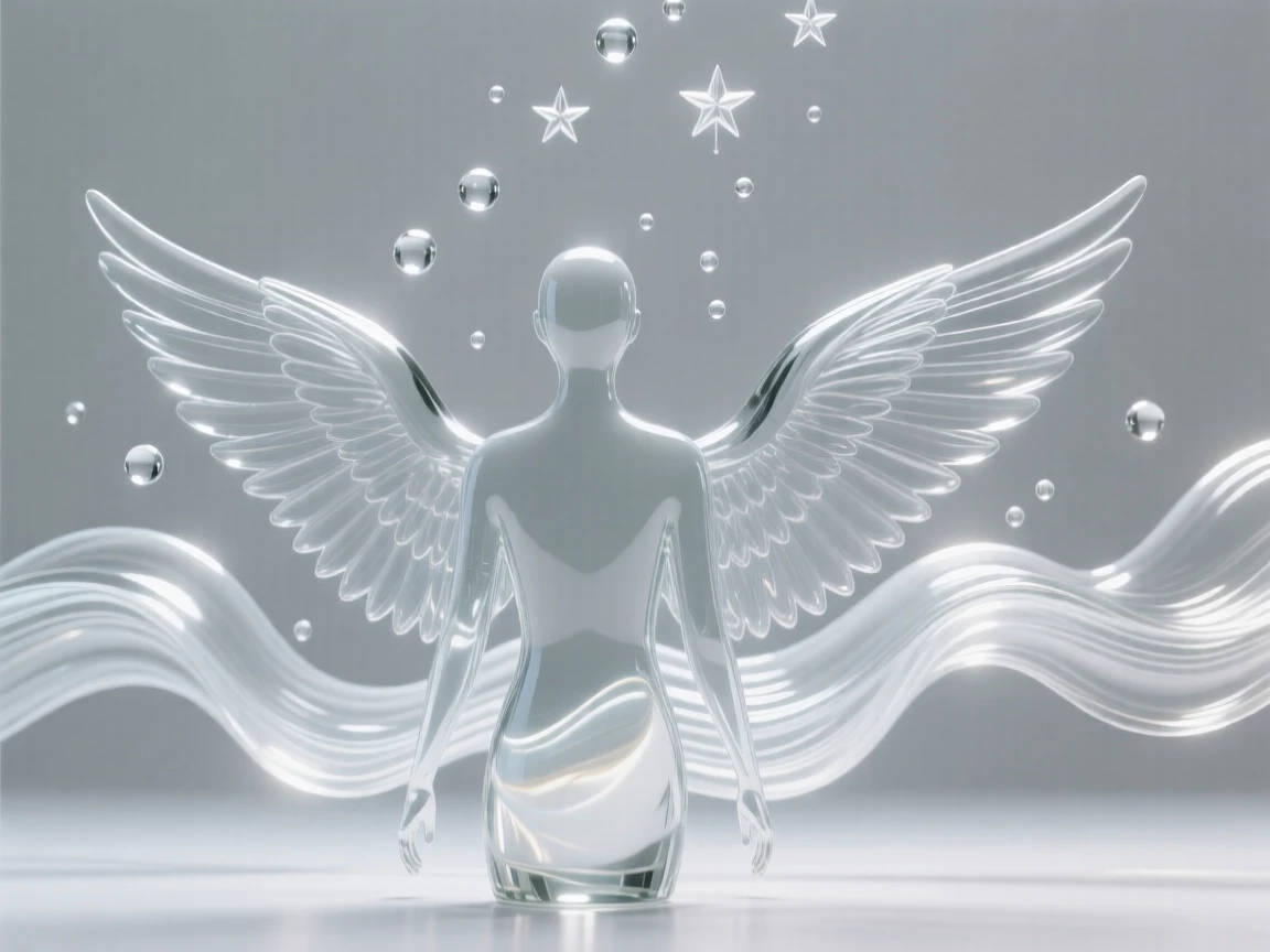 A pair of wings unfurling from a simple human silhouette as light radiates outward in gentle waves, while small particles drift upward like scattered stars