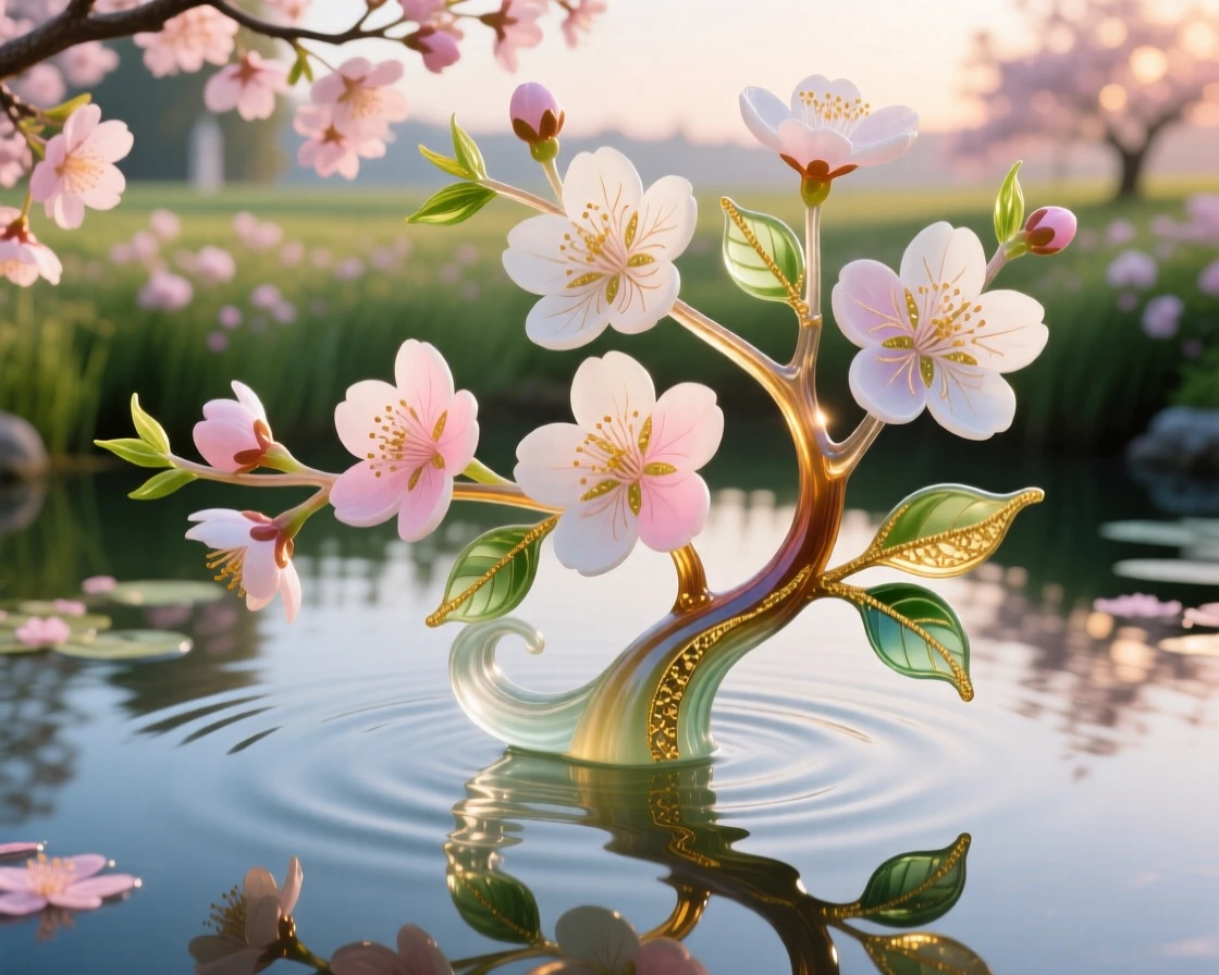 A field of blooming cherry blossoms drifting gently over the stillest garden pond at dawn, romantic and fleeting.