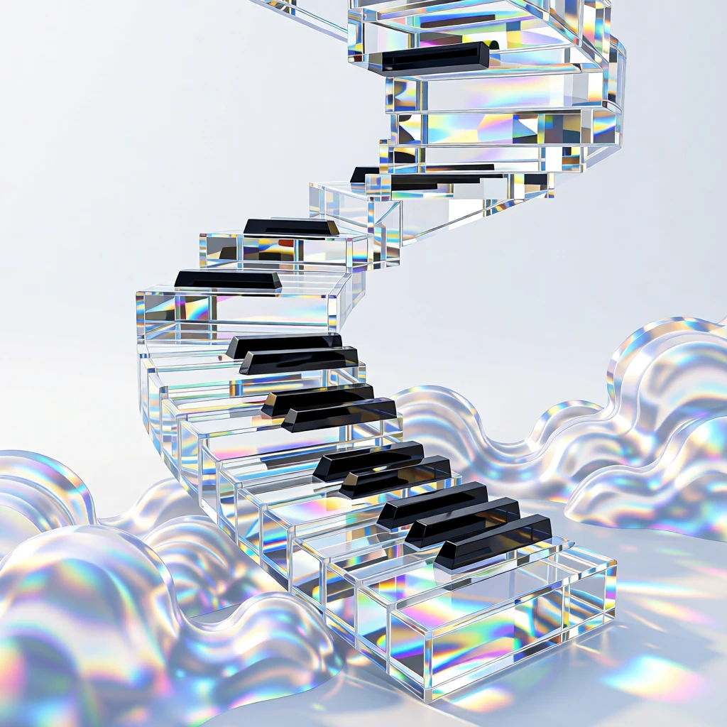 A surreal staircase of piano keys cascading into a sea of swirling clouds.