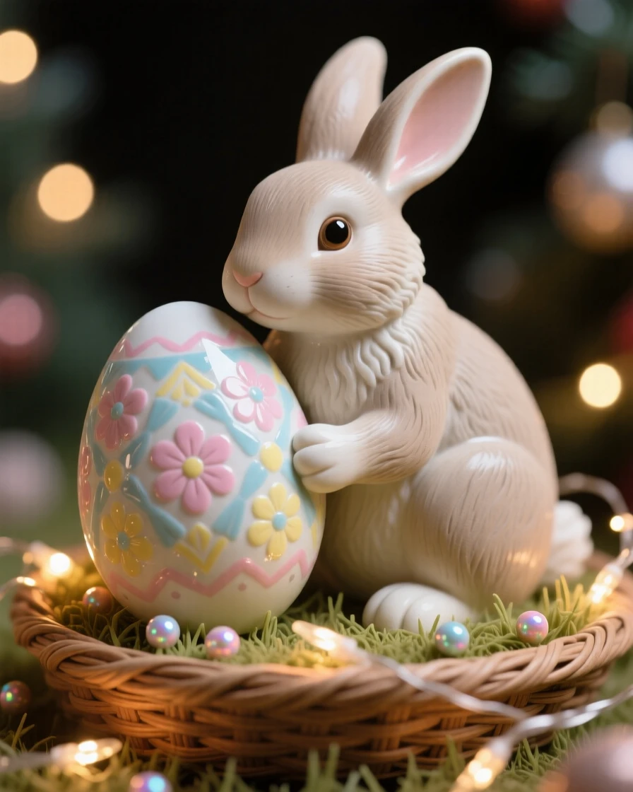 An Easter bunny cradling a decorated egg set within a cozy festive scene, dotted with tiny twinkling lights, capturing the magic of a beloved seasonal moment.
