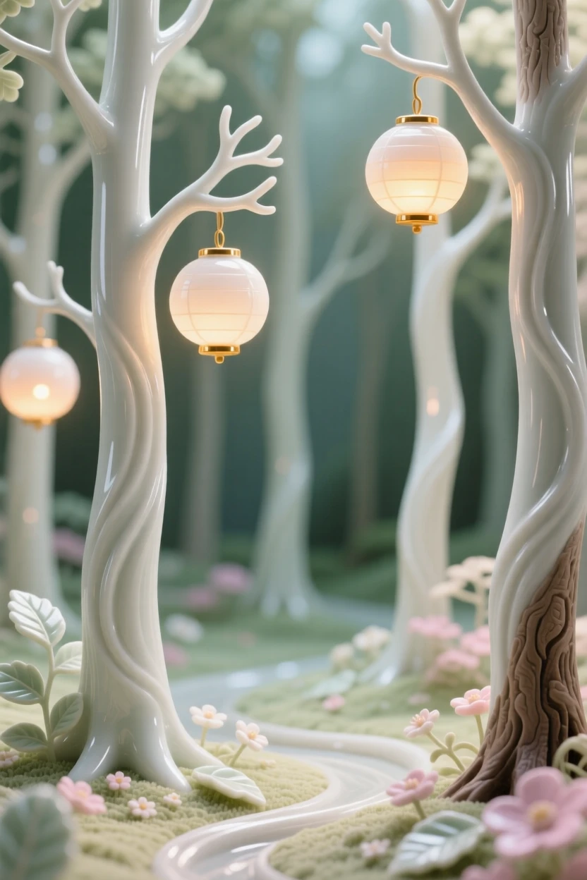 A dreamlike scene of a forest where the trees glow like lanterns, evoking a gentle sense of magic and possibility.