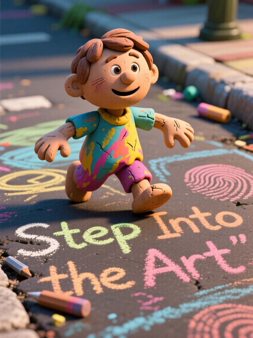 A chalk drawing on pavement that comes alive with color and motion