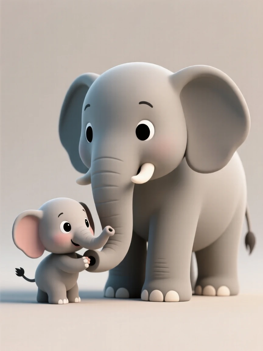 A curious baby elephant tugs playfully at its mother's tail with a small curling trunk.