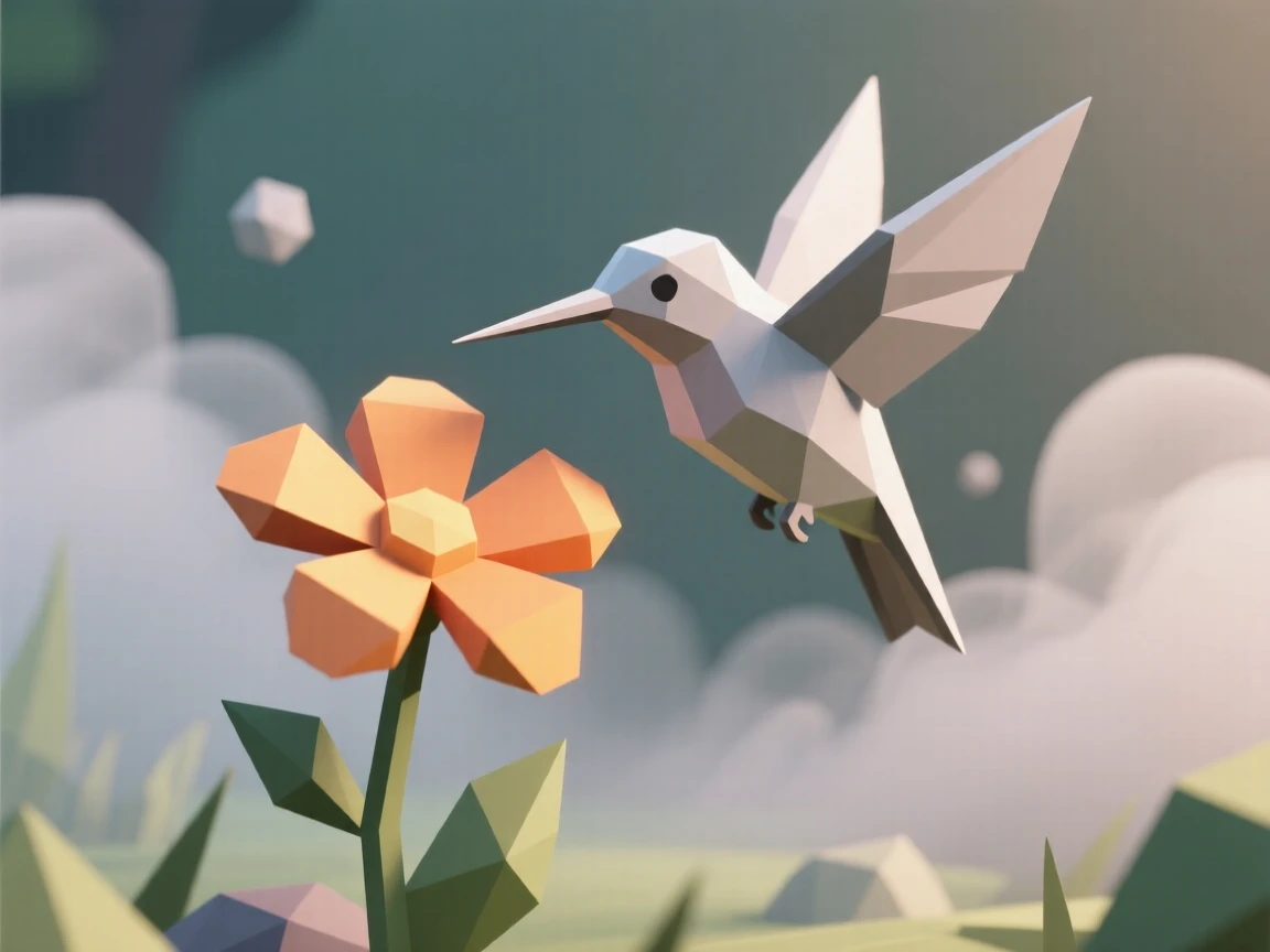 A hummingbird hovering beside a bright flower, surrounded by drifting mist. soft natural light highlights every texture. The atmosphere is wild and untamed.