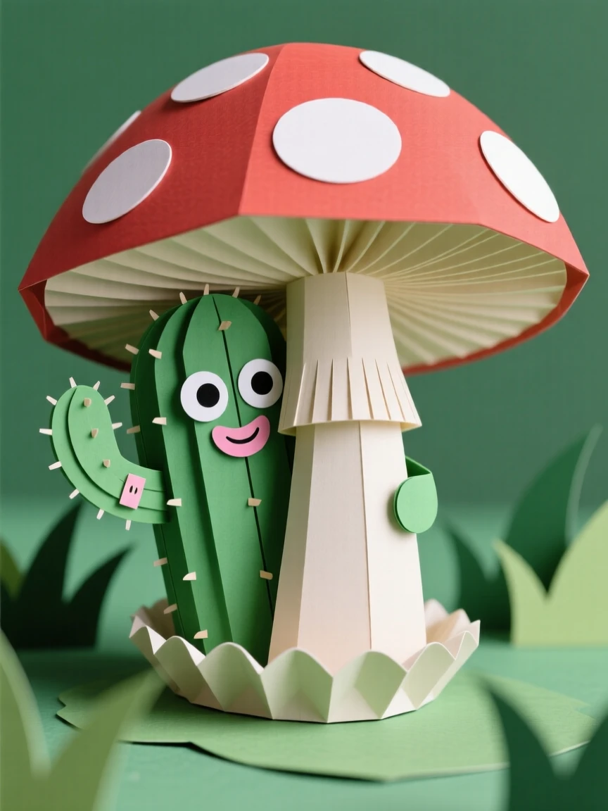 A cheerful cactus character peeking out from behind a giant mushroom, with a comically cross-eyed expression, evoking cozy storybook charm.