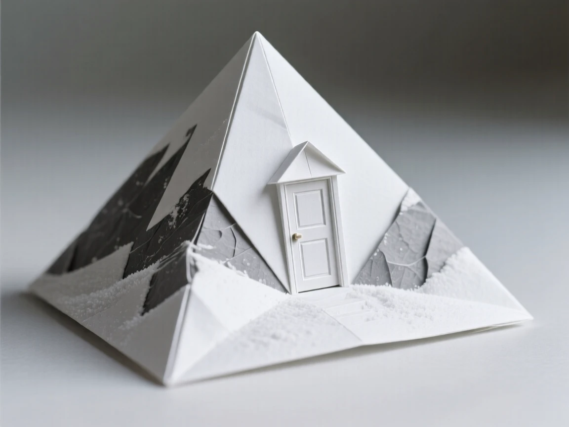 A single mountain peak with a tiny door built into its snowy summit.