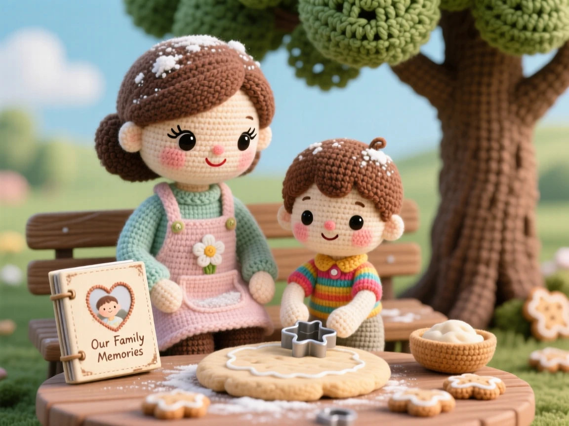 a mother and son baking cookies together, both dusted lightly with flour, is captured pressing the final cookie cutter shape in a peaceful park bench beneath a shady tree beside a worn but beloved family photo album, showing heartfelt closeness and shared happiness.