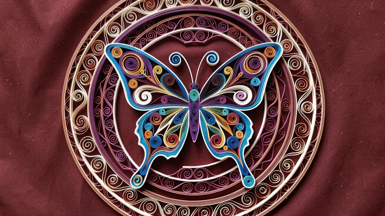 a symmetrical butterfly pattern with mirrored wings, presented on a rich burgundy fabric backdrop, arranged in concentric layered rings, with fine hair-thin linework throughout.