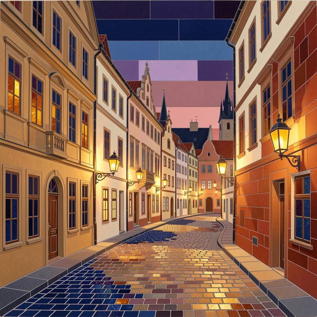 A lantern-lit street in old town Prague at dusk.