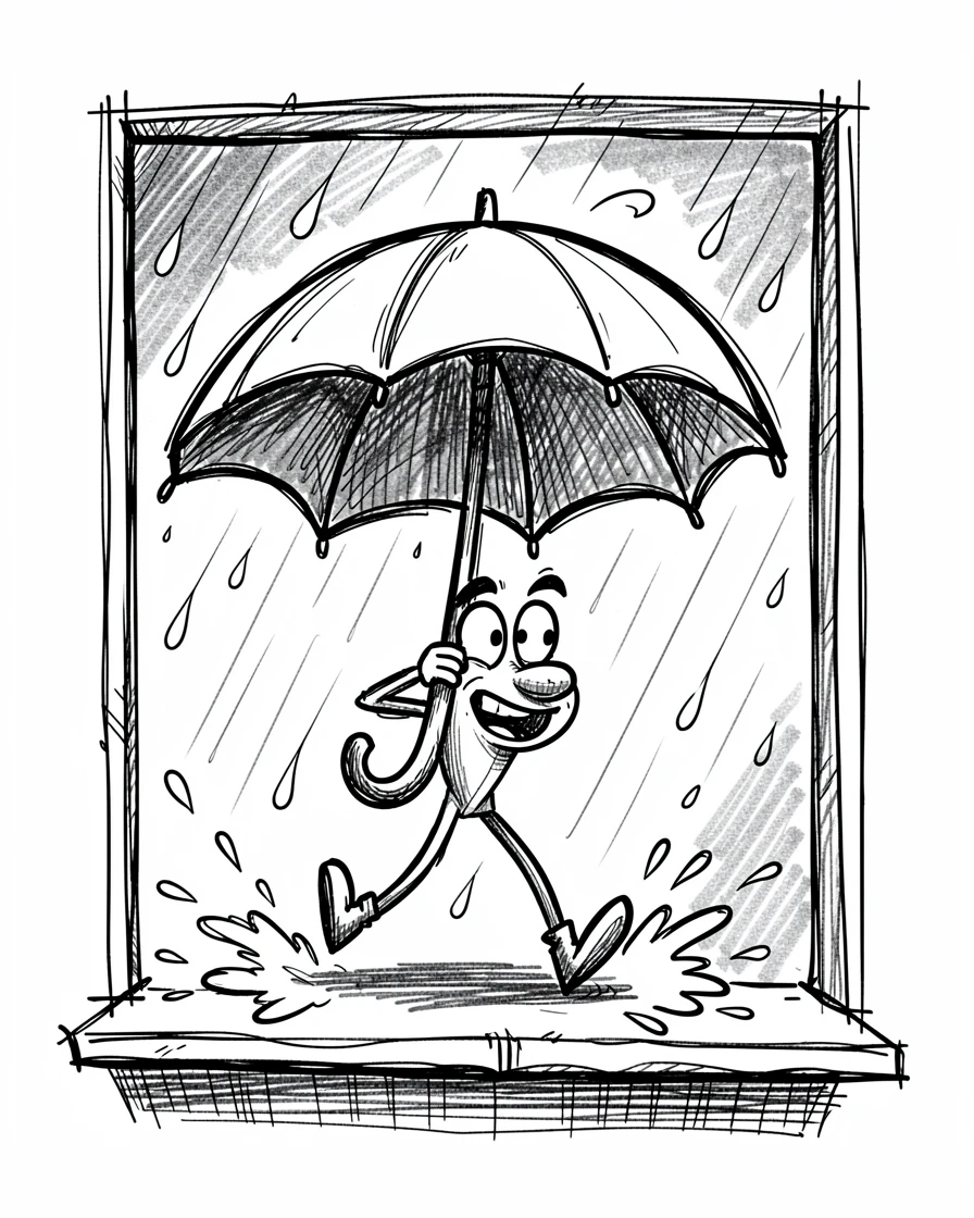 An umbrella dancing in the rain on a windowsill during a storm.