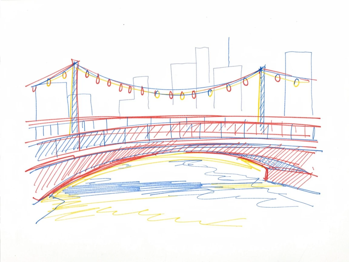 A quiet bridge lit with string lights spanning a river through downtown