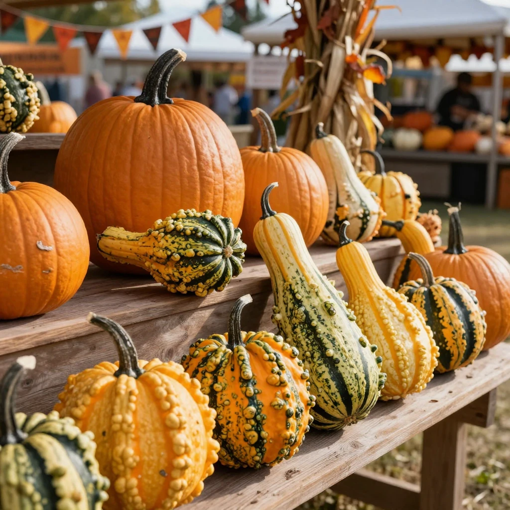 A row of gourds and squash displayed at a harvest fair
