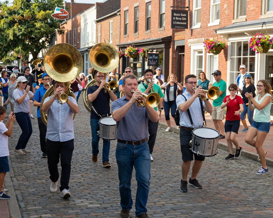 A brass band marches down a cobblestone street trailed by a crowd of dancing onlookers.