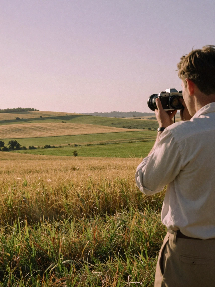 A patchwork of green and gold fields seen from a hillside, in soft window light, as heat shimmers over the ground, in the height of summer, in dusty lavender and rose tones, over the shoulder of the main subject.