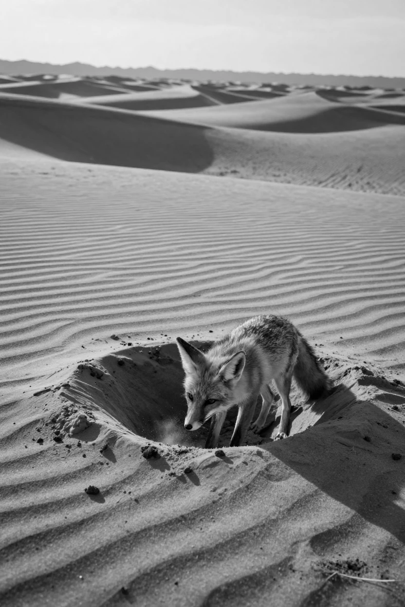 A desert fox digs a burrow beneath the cool sand within a sprawling dune field.