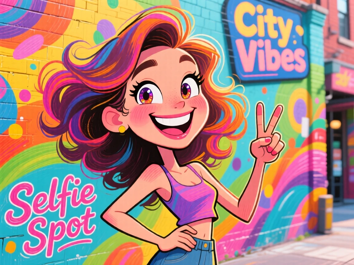 A woman posing at a colorful mural wall, a popular photo spot in the city.