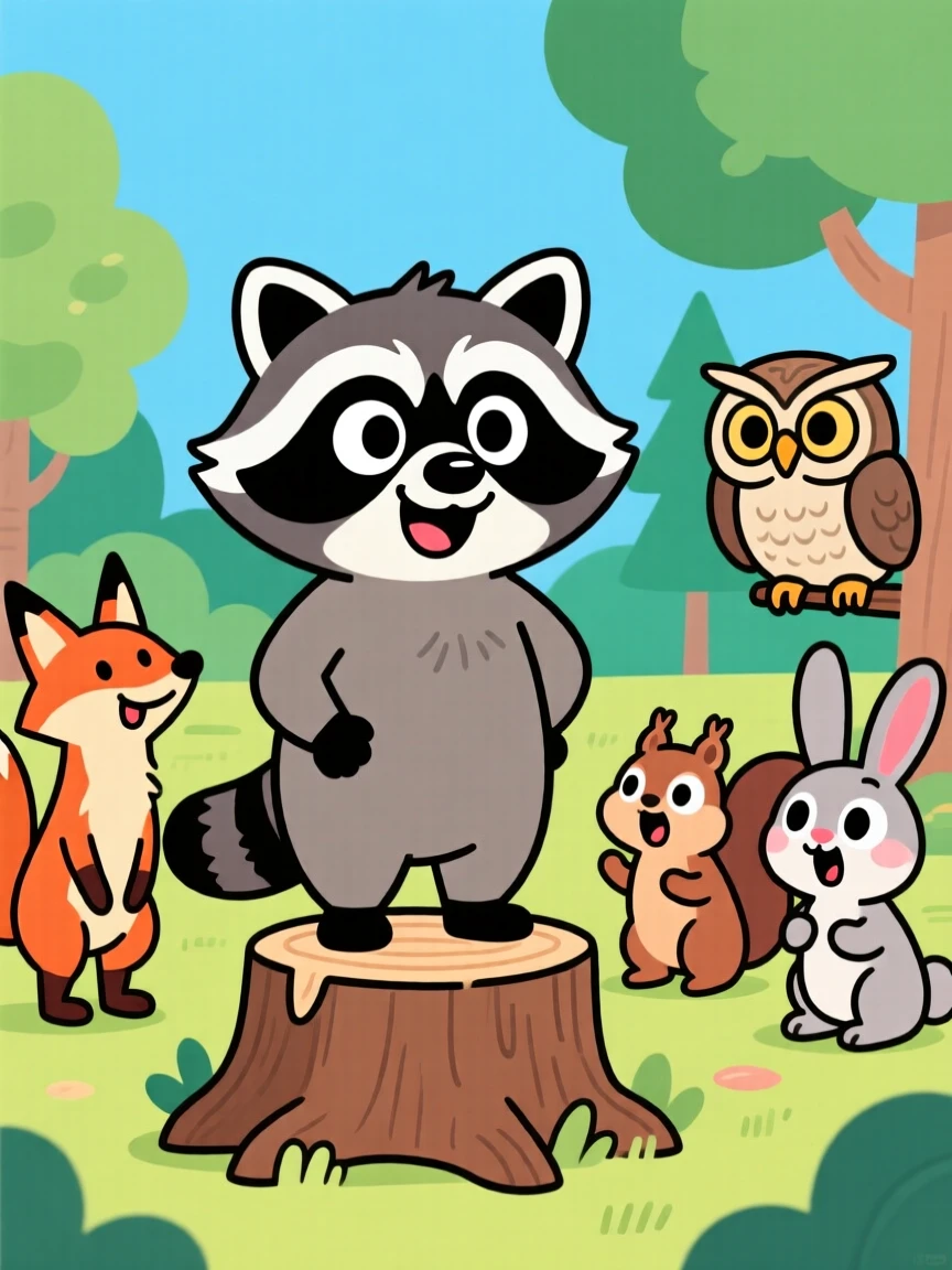 A charming animal moment featuring a curious raccoon showing off in front of an admiring group of onlookers, with a mischievous glint in its eye.