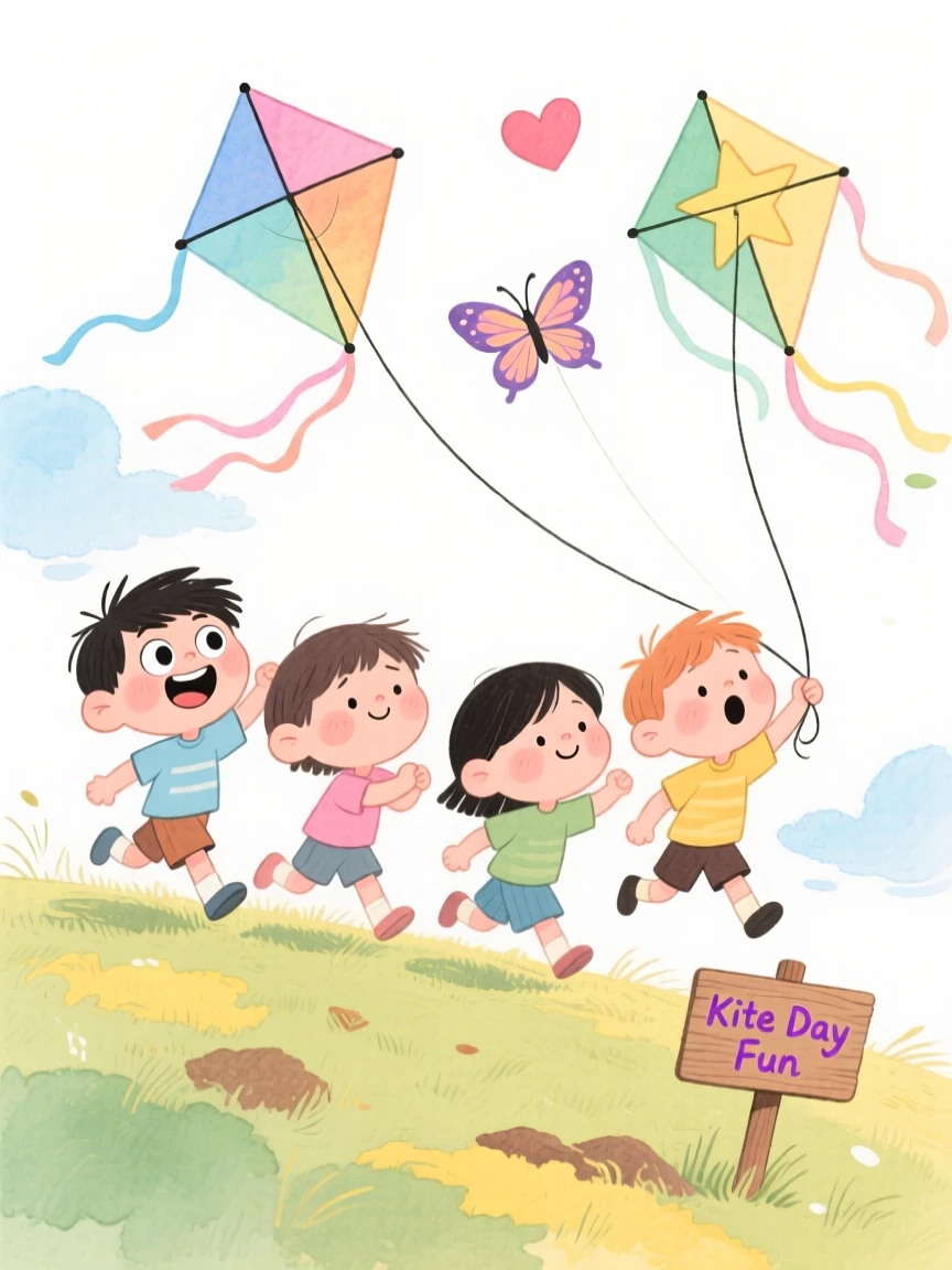 A heartwarming scene of kids flying kites together on a breezy hilltop