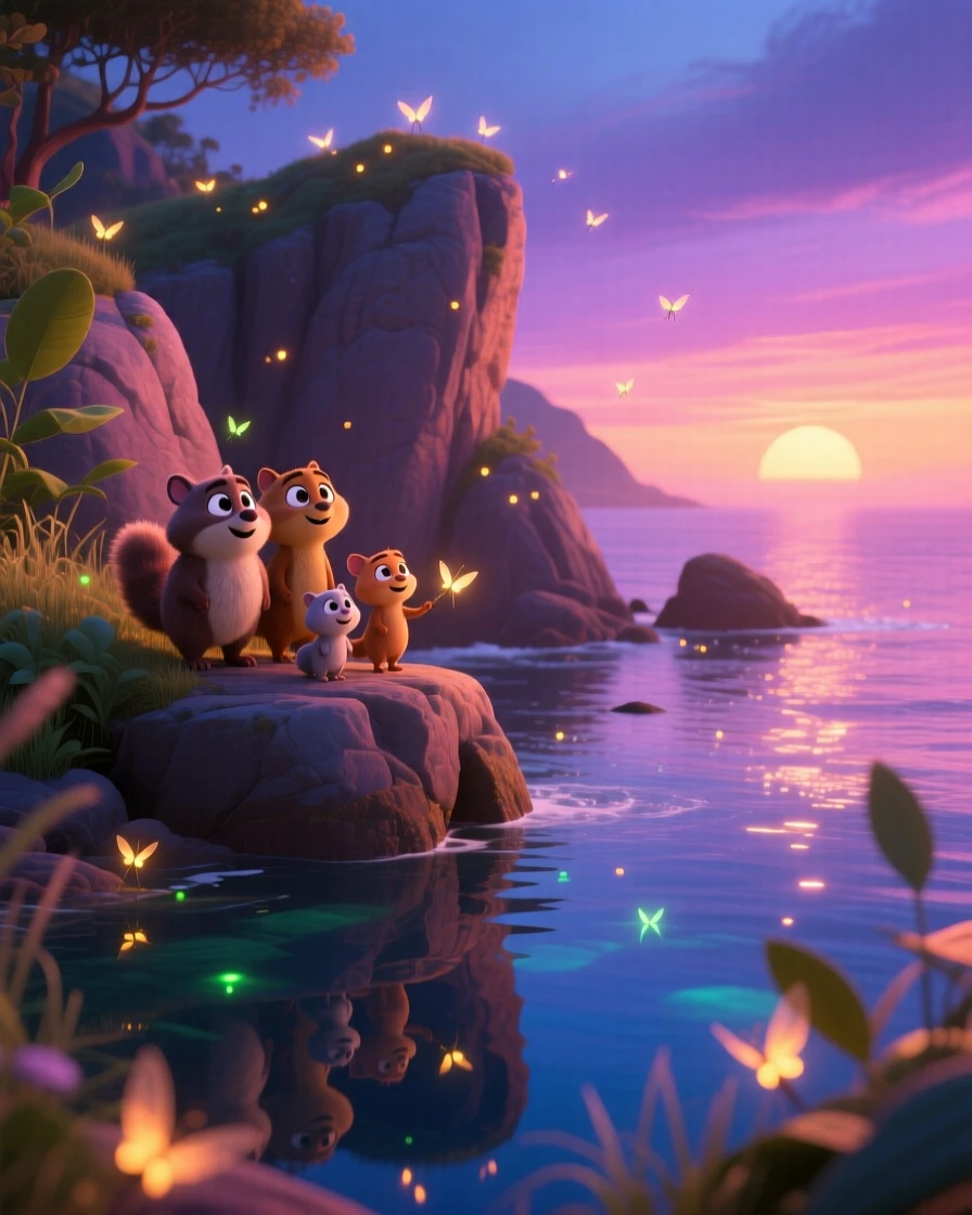 A rugged coastal cliff glows as fireflies begin to flicker in the twilight, with reflections shimmering perfectly on the water's surface. A calming stillness settles over the landscape.