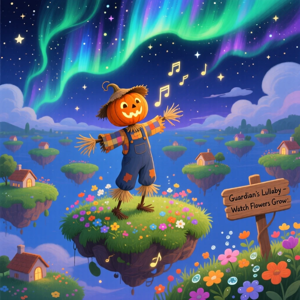 In a sky full of drifting islands, a pumpkin-headed scarecrow guardian discovers a moment of wonder while singing a lullaby that makes flowers bloom, as the northern lights ripple overhead.