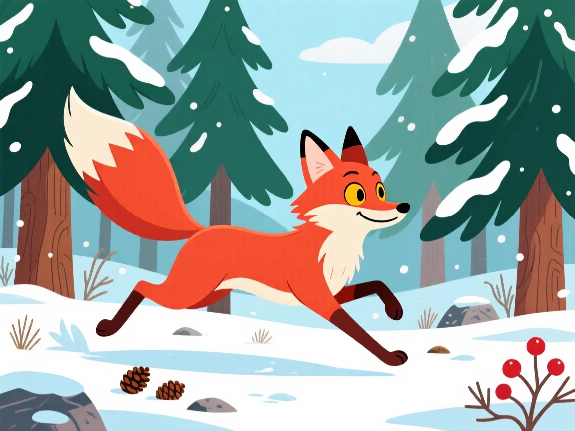 A red fox trotting through a snow-dusted pine forest.