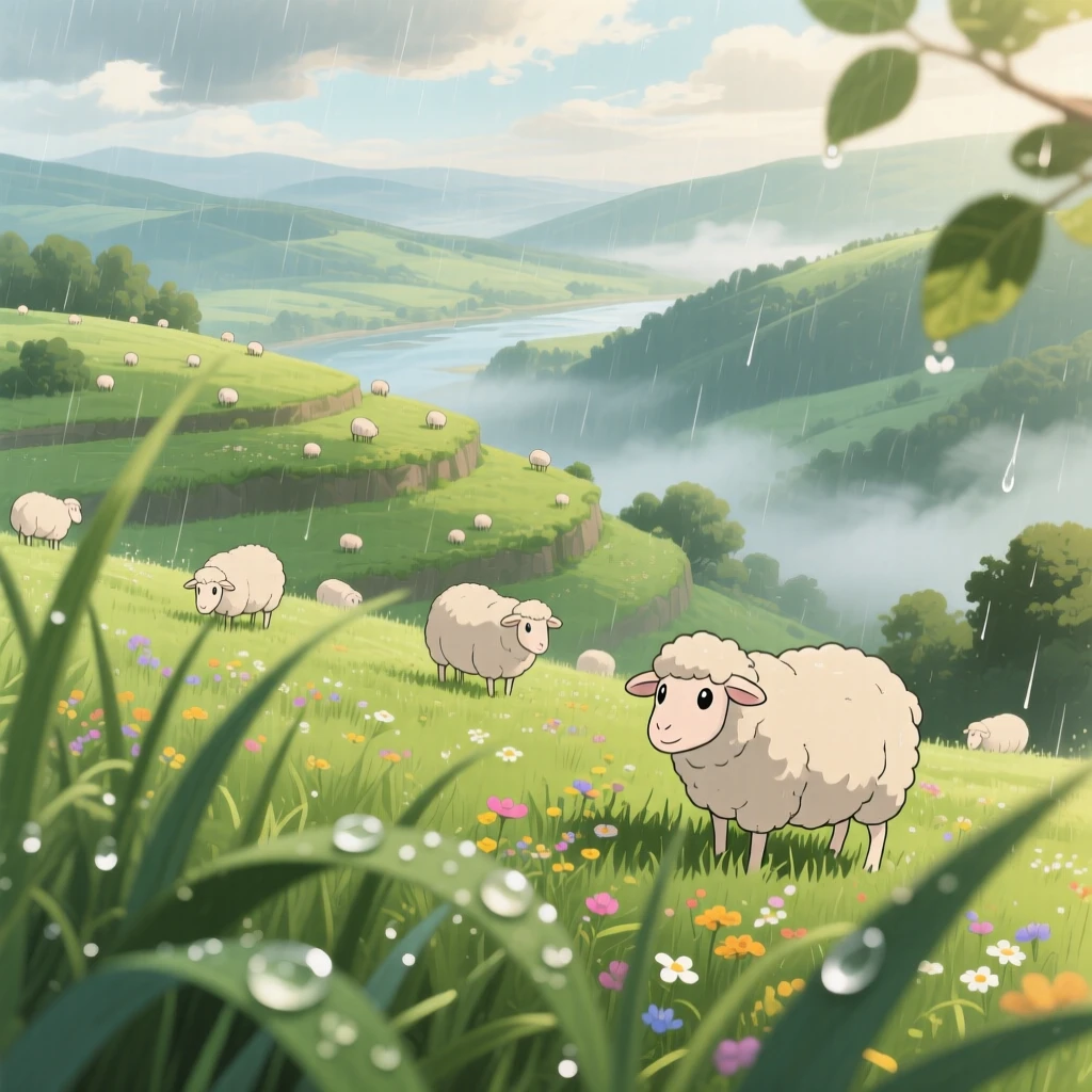 A breathtaking view of a meadow dotted with grazing sheep, with gentle terraces stepping down toward a valley floor, just after a rain shower, seen through a gentle foreground of grass.