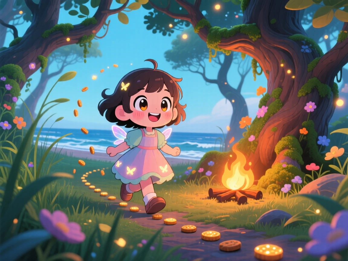 Low-angle shot looking up of a little girl, leaving a trail of breadcrumbs through the woods, in an enchanted storybook forest, on a breezy coastal afternoon, illuminated by cozy firelight, radiating bubbly enthusiasm.