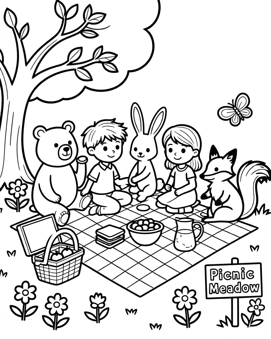 A world of talking animals having a picnic in a meadow