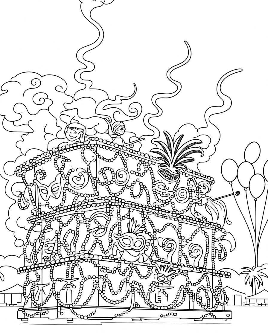 A carnival float covered in colorful beads and masks, with smoke gently curling into the night sky.