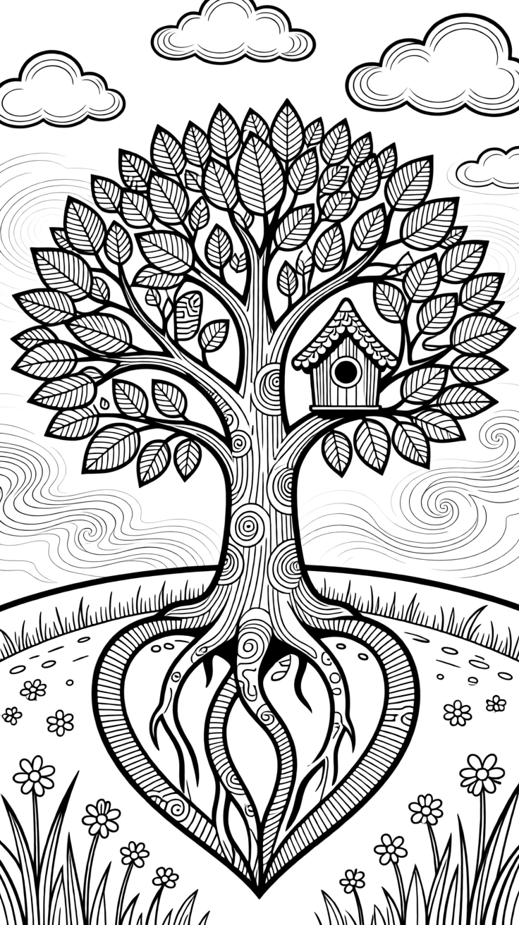 A single tree with roots forming the shape of a beating heart.