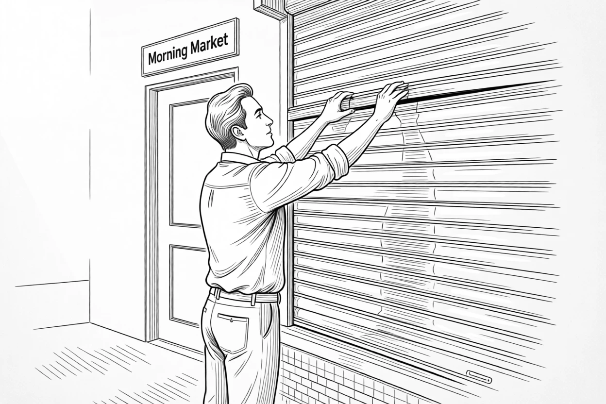 A shop owner opening the storefront shutters at dawn