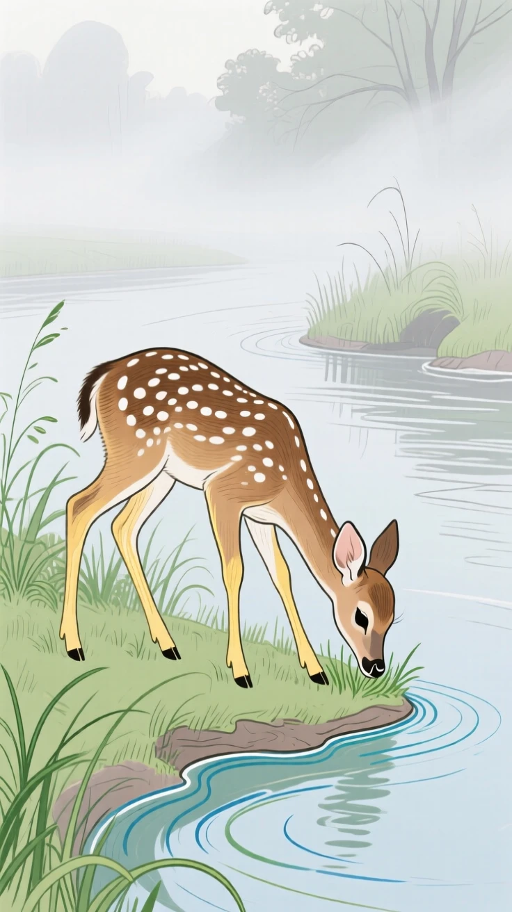 A spotted fawn grazing along a quiet riverbank as fog rolls in.