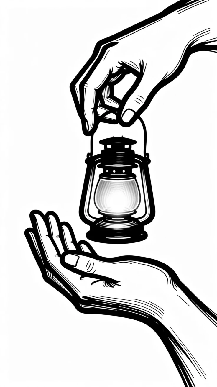 A pair of hands cradling a small glowing lantern in the darkness.
