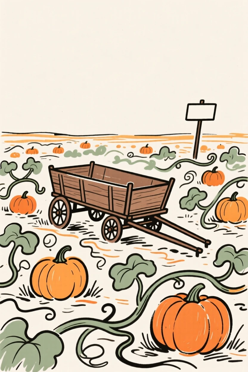 A pumpkin patch with a wooden wagon parked among the vines.