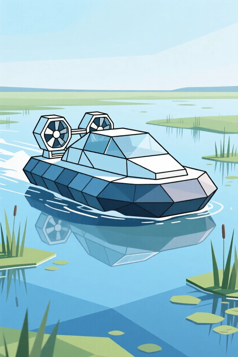 A hovercraft skimming across a shallow wetland