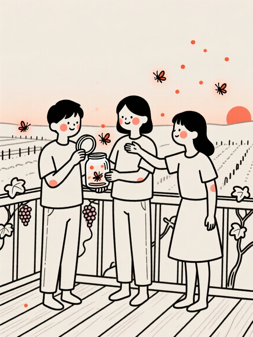 A group of friends catching fireflies in a jar at dusk, on a vineyard terrace.