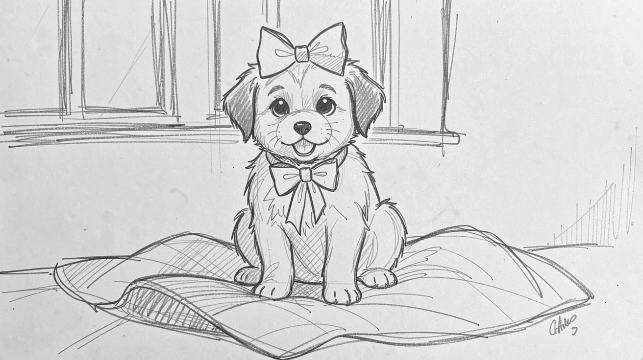 An irresistibly cute scene of a puppy wearing an oversized bow on a cozy blanket by a window, with a playful, mischievous expression.