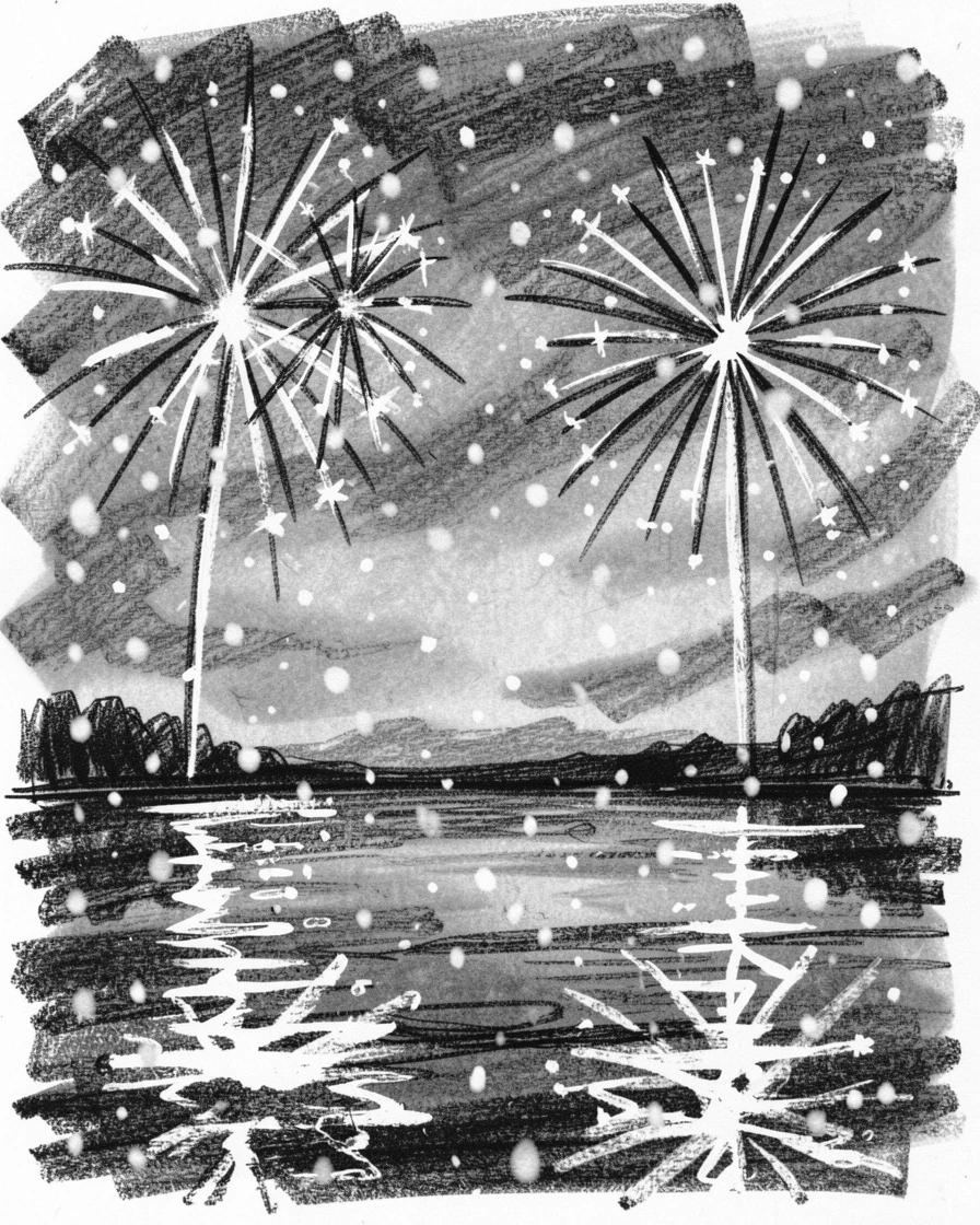 A Fourth of July fireworks show reflected over a lake, under a soft blanket of falling snow.